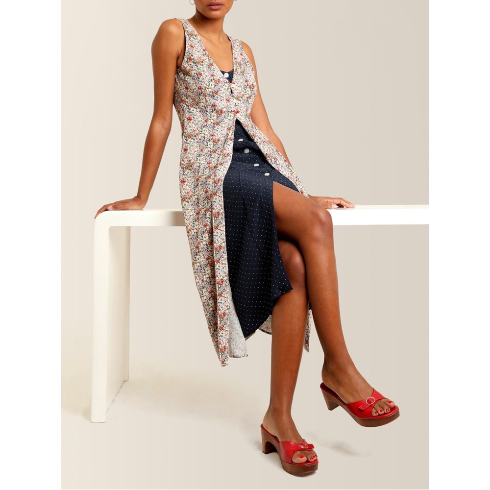 ROUJE Floral Navy Polka Dot Printed Layered Sleeveless Button Down Lorine Dress - Picture 3 of 14